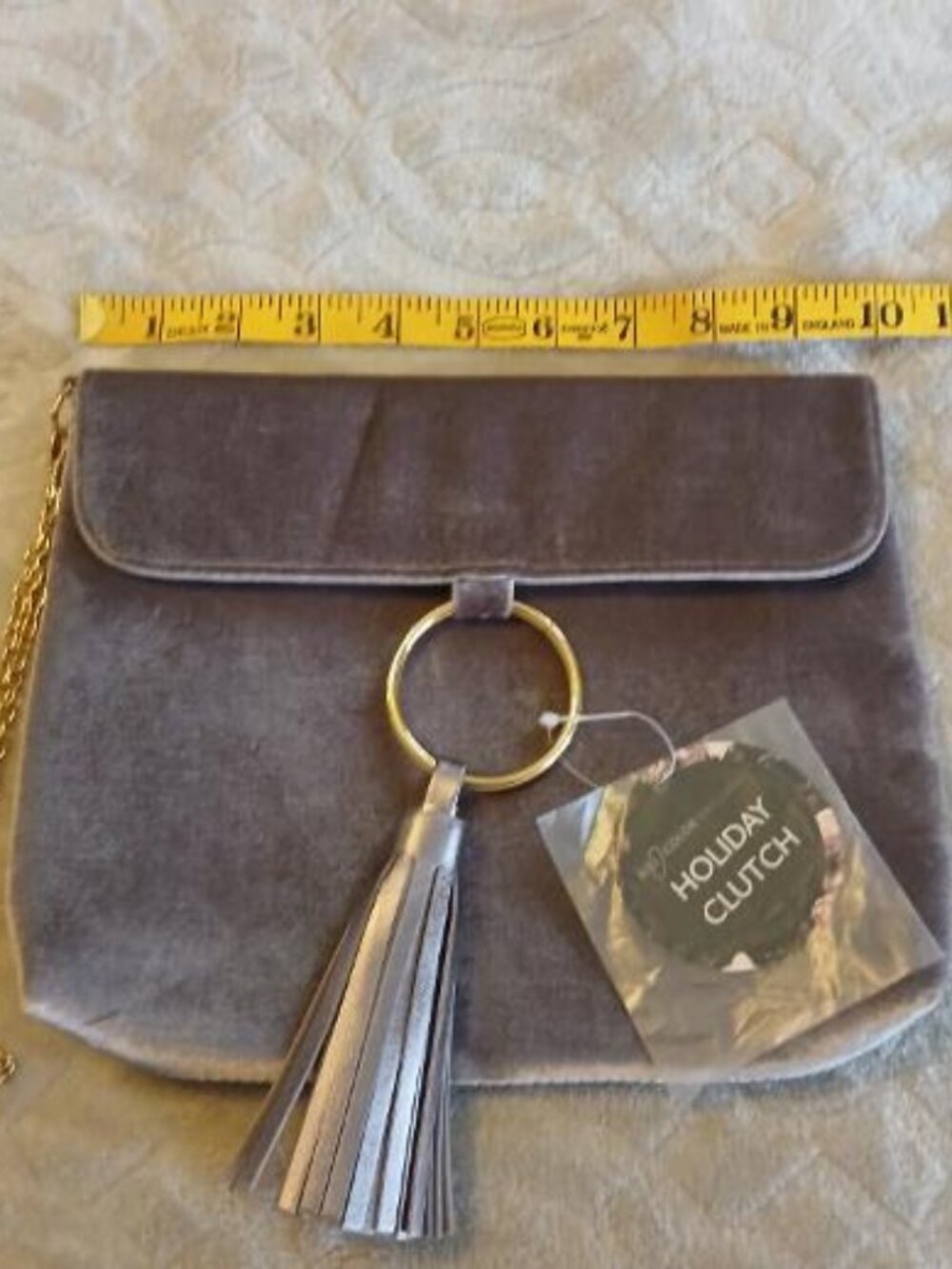 ION Color Brilliance Holiday Clutch Velvet Evening Bag Purse w/ Tassel Taupe NWT